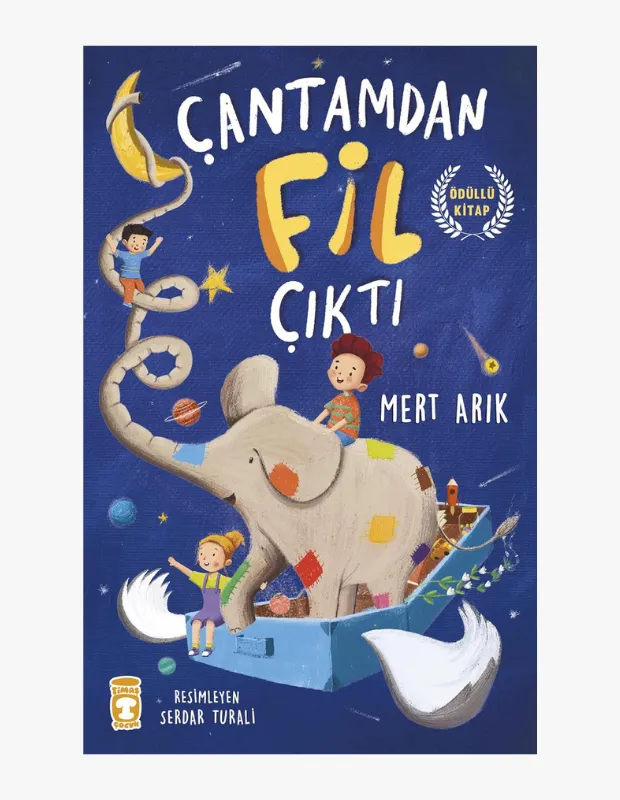 Çantadan Fil Çıktı adlı ödüllü çocuk kitabının kapağında, yamalı bir filin sırtına binmiş bir çocuğun, yıldızlar, gezegenler ve hilal şeklinde bir ayın olduğu derin mavi bir uzay boşluğunda, bir bavuldan fırlamış gibi uçtuğu fantastik bir sahne görülüyor; bu görsel, çocukların hayal dünyasını geliştiren ve onlara okuma alışkanlığı kazandıran doğru kitap seçiminin önemini vurguluyor.