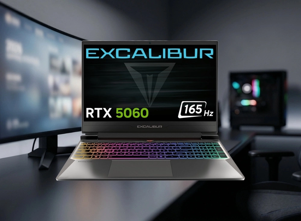 Ortamda, açık ekranında Excalibur markası, RTX 5060 grafik kartı ve 165Hz tazeleme hızı bilgileriyle dikkat çeken, renkli RGB aydınlatmalı klavyesi bulunan bir Casper Excalibur G870 oyun laptopu yer alıyor; arka planda bulanık bir harici monitör ve RGB ışıklı bir masaüstü bilgisayar kasasıyla modern bir gaming dizüstü bilgisayar kurulumu sergileniyor.