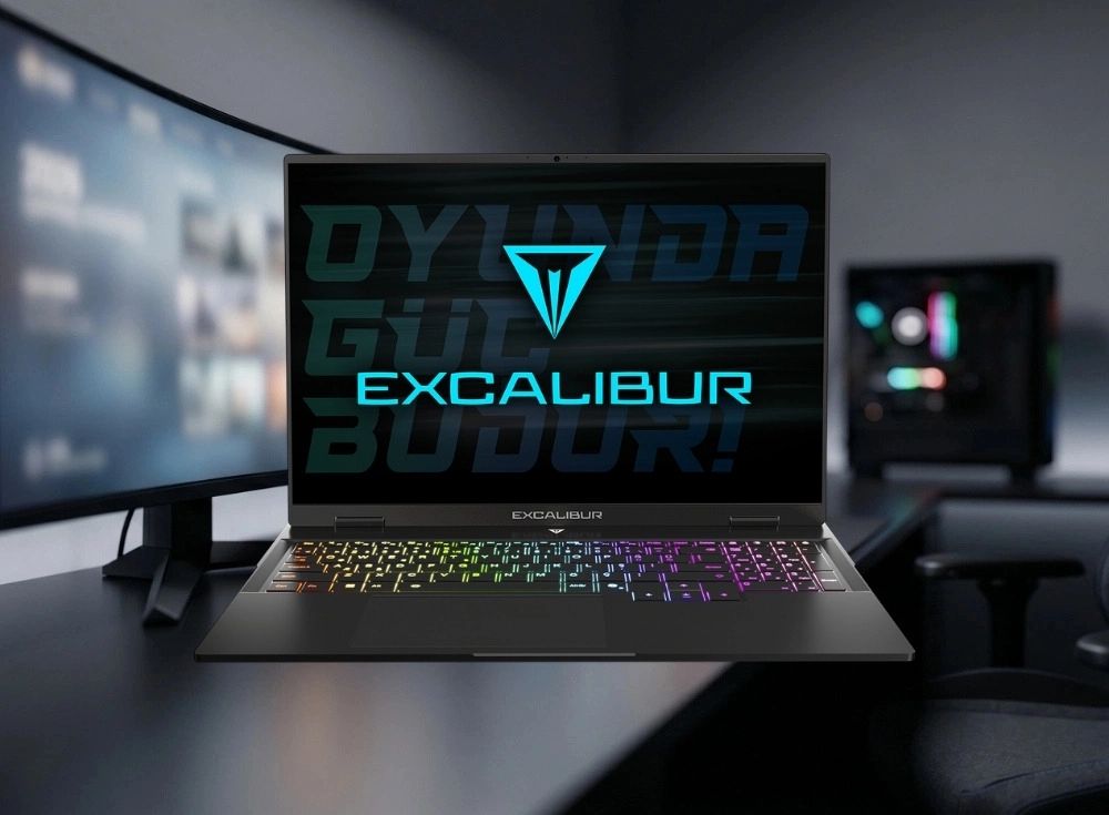 Siyah metal kasalı Casper Excalibur G915 premium oyun laptopu, canlı RGB aydınlatmalı klavyesi ve 16 inç QHD ekranında OYUNDA GÜÇ BUDUR! yazısı ile Excalibur logosuyla öne çıkarak, arkasında kavisli monitör ve RGB aydınlatmalı masaüstü bilgisayar bulunan modern bir oyun masasında duruyor.