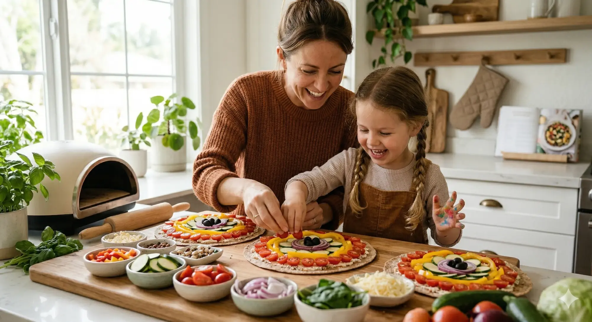 Annesiyle birlikte mutfakta rengarenk sebzelerle kendi pizzalarını neşeyle hazırlayan küçük bir kız çocuğu, elindeki boya lekeleriyle bile eğlendiği ve becerilerini geliştirdiği bu evde yapılabilecek aktivitenin keyfini çıkarıyor.