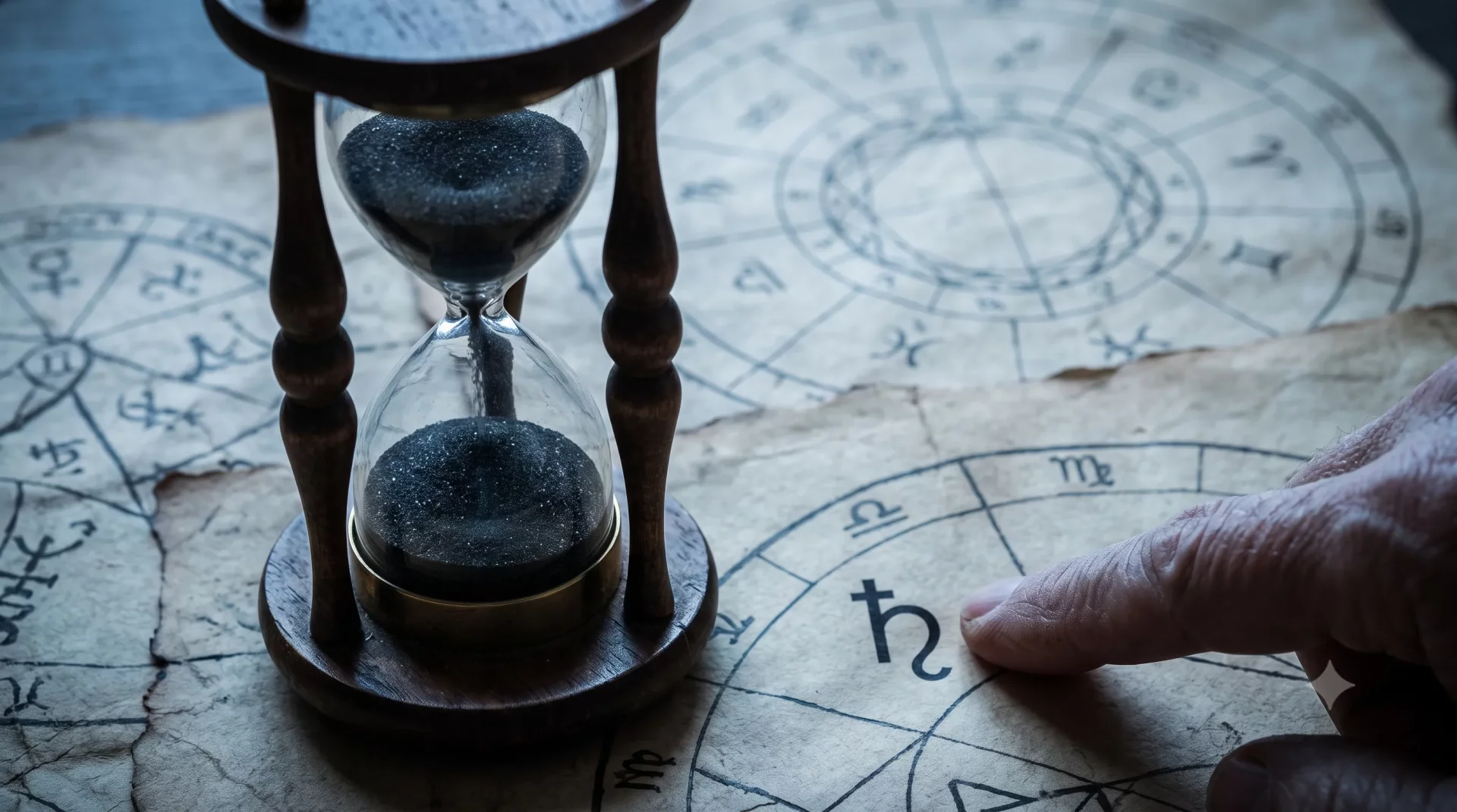 Eski bir parşömen üzerindeki doğum haritasında, kum saatinin yanında bir elin astrolojik sembollerden biri olan Satürn'ü işaret ederek babalık figürlerinin doğum haritası analizindeki önemini vurguladığı büyüleyici bir an.
