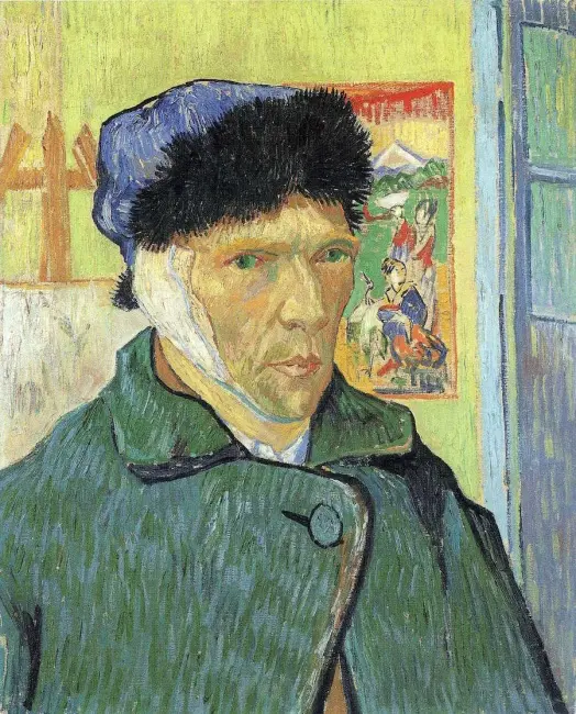 Dünyaca ünlü ressam Vincent van Gogh'un, sağ kulağı bandajlı, başında tüylü mavi bir bere ve üzerinde yeşil bir kabanla doğrudan izleyiciye baktığı, arka planda belirgin fırça darbeleriyle yapılmış soluk yeşil bir duvar ve Japon baskısının görüldüğü bu otantik otoportresi.