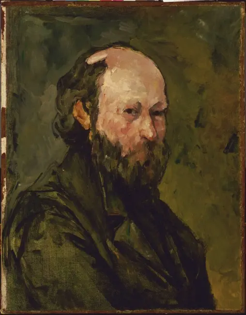 Koyu yeşil tonlardaki arka planı ve belirgin fırça darbeleriyle işlenmiş bu otoportrede, başının tepesi kel, gür sakallı ve bıyıklı, pembe yanaklı bir ressam, koyu renk bir ceketle sağa dönük hafif bir bakışla portrelenmiştir.