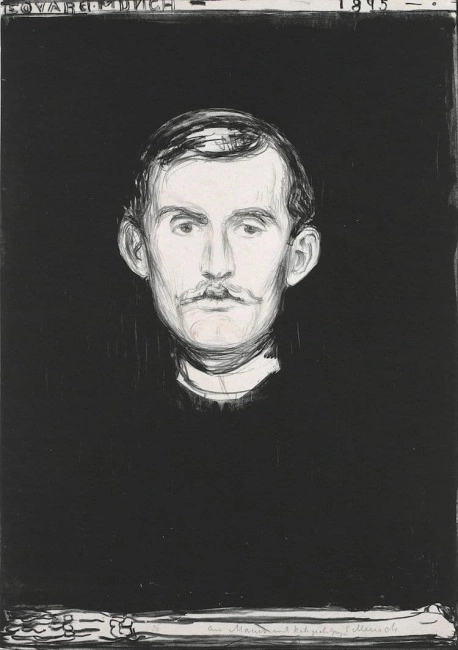 Koyu fon üzerinde, 1895 yılına ait bu dramatik siyah-beyaz eserde, soluk yüzlü, bıyıklı ve koyu saçlı Edvard Munch'ın karakteristik otoportresi belirgin çizimlerle tasvir edilmiş, dünyaca ünlü ressamın iç dünyasını yansıtan derin bir ifade taşımaktadır.