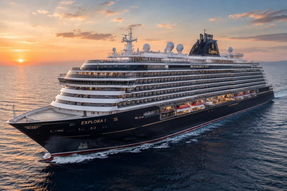 Gün batımı veya doğumu eşliğinde denizde süzülen, modern tasarımıyla dikkat çeken, geniş balkonlu kabinlere ve belirgin cankurtaran botlarına sahip ultra lüks Explora I cruise gemisi, Explora Journeys ile unutulmaz bir cruise tatili vaat ediyor.