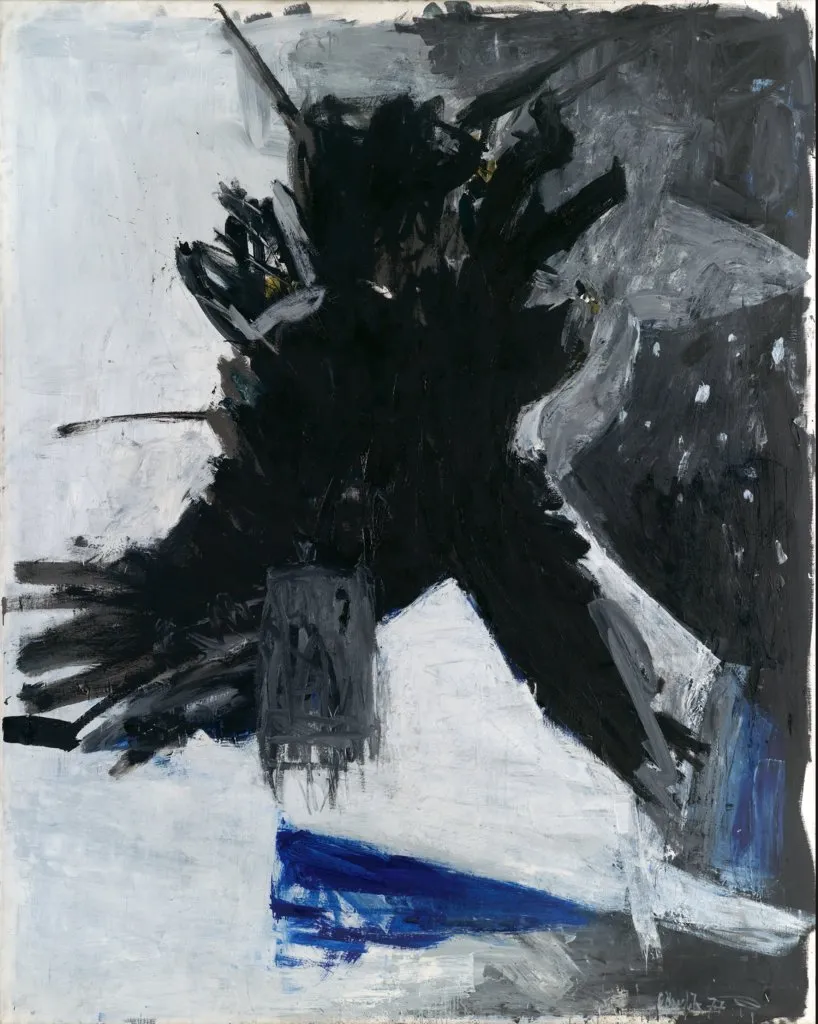 Alman ressam Georg Baselitz'in cesur dışavurumcu tarzını yansıtan bu soyut eserde, geniş siyah fırça darbeleriyle oluşturulmuş, beyaz ve gri tonlarla çevrili parçalanmış bir kartal figürü, altında parlak mavi bir çizgiyle dinamik bir kompozisyon sunuyor.