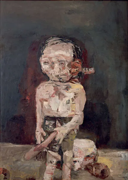 Georg Baselitz'in 1962-1963 tarihli Die Grosse Nacht im Eimer tablosu, karanlık bir arka planda, soluk tenli, çarpık vücutlu ve büyük kafalı, düşkün bir figürün elinde büyük, uzuv benzeri bir nesneyle ayakta duruşunu dışavurumcu fırça darbeleriyle rahatsız edici bir şekilde betimliyor.