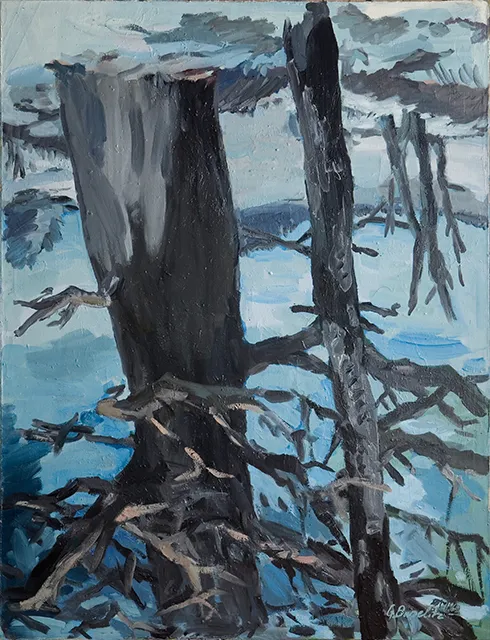 Alman ressam Georg Baselitz'in 1969 tarihli, imza stilini yansıtan ve gökyüzü mavisi bir fon üzerinde, koyu renkli, kalın ve kıvrımlı dallara sahip iki ağaç gövdesinin baş aşağı betimlendiği Der Wald auf dem Kopf (Kafadaki Orman) adlı tablosu, sanatçının tersine çevrilmiş resim anlayışının ilk örneğini sunuyor.
