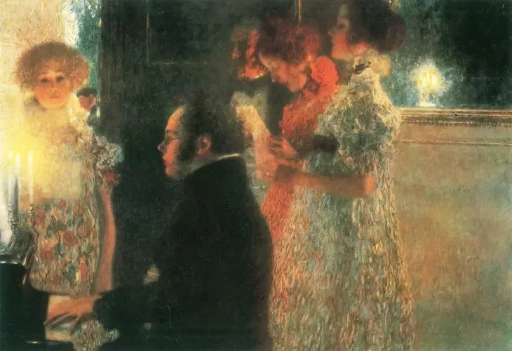 Gustav Klimt’in erken dönem eserlerinden Schubert at the Piano tablosu, natüralist tarzda müzik temalı sahne