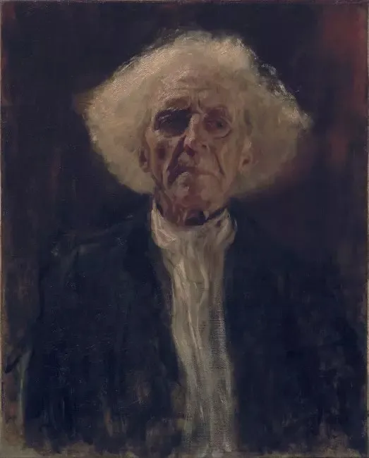 Gustav Klimt’in otoportresi, koyu fon önünde dramatik ışık kullanımıyla.