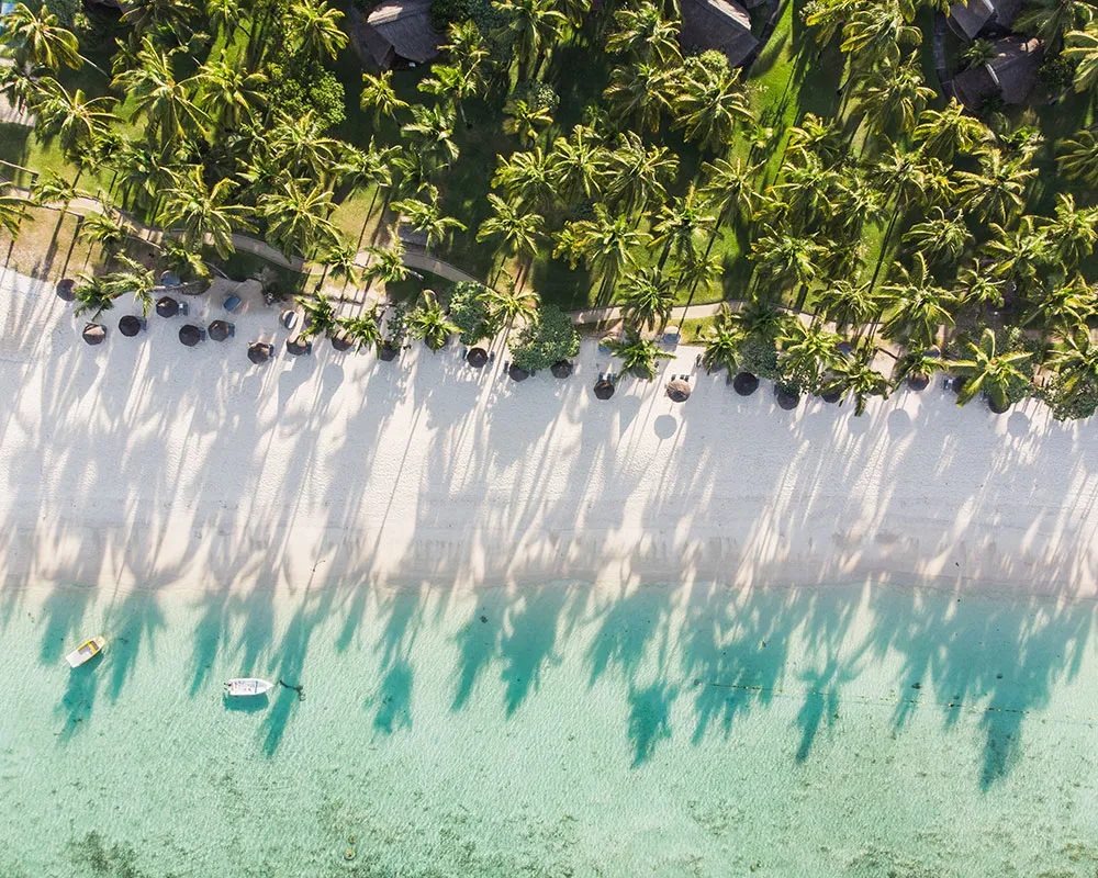 Mauritius'un eşsiz güzelliklerini yansıtan havadan çekilmiş bu fotoğraf, uzun gölgeler oluşturan palmiye ağaçlarıyla çevrili bembeyaz kumlu plajı, şemsiyeli şezlongları ve turkuaz sularında yüzen tekneleri gözler önüne seriyor; en güzel balayı rotaları için ilham veren bir kare.