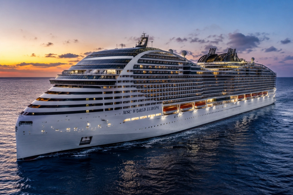 Gün batımının büyüleyici sıcak renkleriyle boyanmış gökyüzü altında ilerleyen, tüm pencereleri ışıl ışıl MSC World Europa cruise gemisi, denizin derin maviliği üzerinde süzülerek ultra lüks bir cruise tatilinin eşsiz atmosferini sergiliyor.