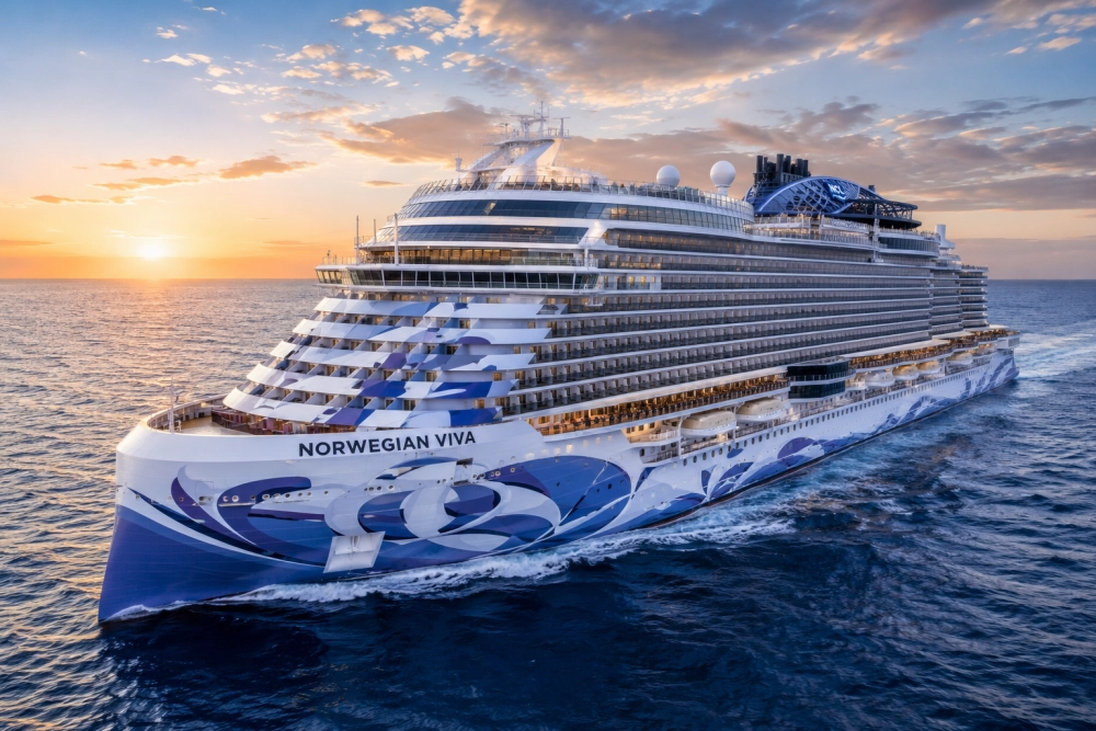 Gün batımının turuncu tonlarındaki gökyüzünün altında masmavi sularda ilerleyen, beyaz ve mavi soyut desenlere sahip gövdesiyle göz alıcı Norwegian Viva cruise gemisi, unutulmaz bir ultra lüks cruise tatili deneyimi vadediyor.