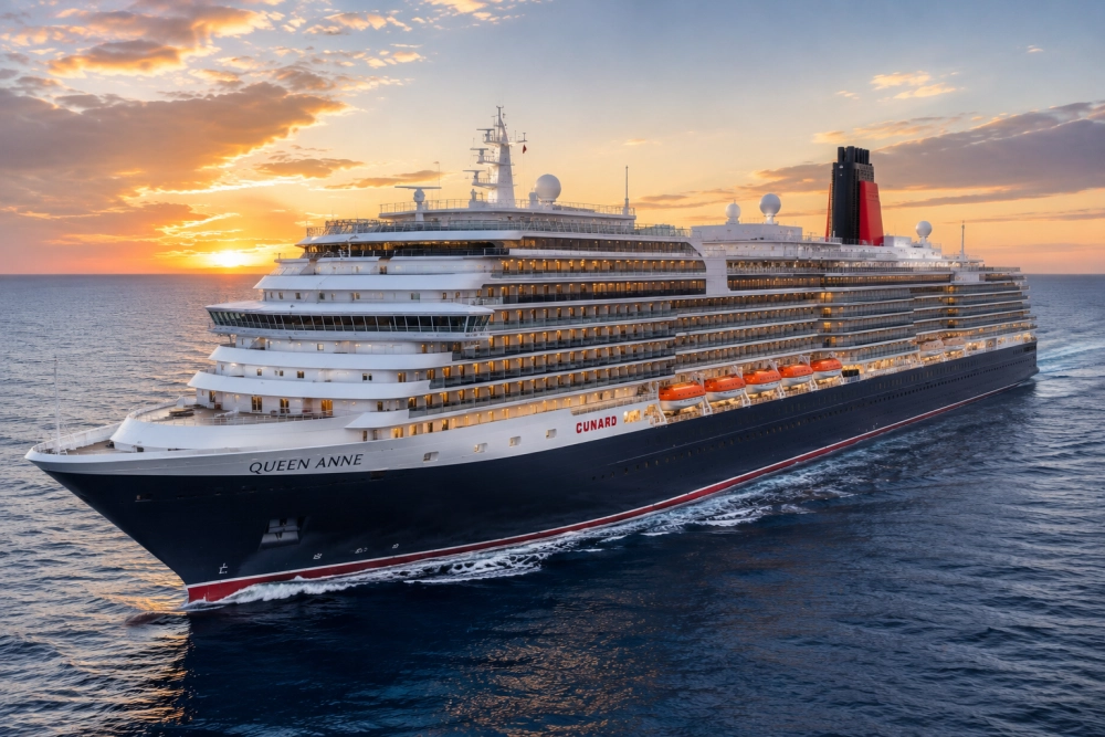 Gün batımının altın rengi ışıkları altında, adı açıkça görünen zarif Queen Anne Cunard cruise gemisi, koyu renkli gövdesi, beyaz güverteleri ve kırmızı bacasıyla pencerelerinden yayılan sıcak ışıklarla engin denizde iz bırakarak ultra lüks bir cruise tatili deneyimi vadediyor.
