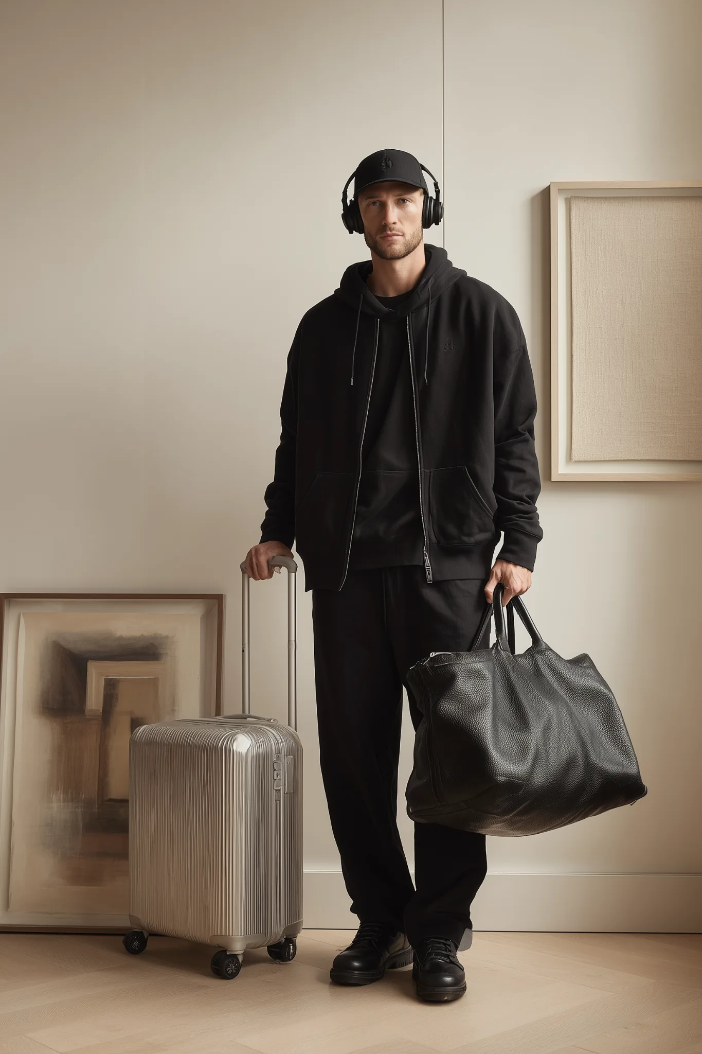 Siyah hoodie, kulaklık ve valizle iç mekânda duran erkek; Sevgililer Günü kaçamak seyahati ve modern travel stili.