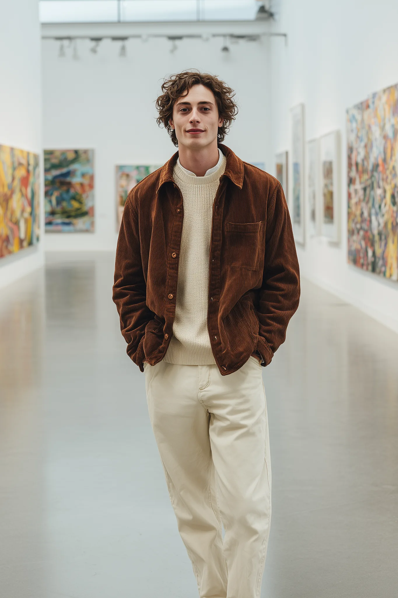 Sanat galerisinde kadife ceket ve triko kombinli erkek; sanat dolu romantik akşam için sofistike erkek görünümü.