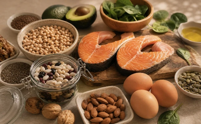 Yüksek omega-3 içeren somon balığı, avokado, ıspanak, nohut, fasulye, yumurta, badem, ceviz ve çeşitli tohumlar gibi selülitten kurtulmaya yardımcı sağlıklı besinleri içeren zengin bir beslenme düzeni seçkisi.