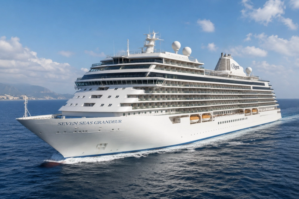 Masalımsı bir deniz üzerinde süzülen, ultra-lüks Regent Seven Seas Grandeur kruvaziyer gemisi, beyaz gövdesi, sıralı balkonları ve şık tasarımıyla unutulmaz bir cruise tatili için göz alıcı bir seçenek sunuyor, uzaktaki yeşil dağlık kıyı şeridi manzarasında ilerliyor.