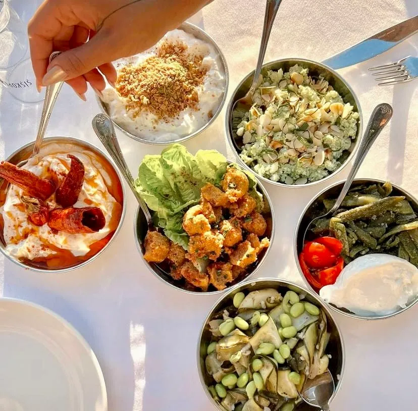 Şişko Perihan Arnavutköy’de sunulan humus, yoğurtlu mezeler ve sebzelerle hazırlanan zengin meze tabağı
