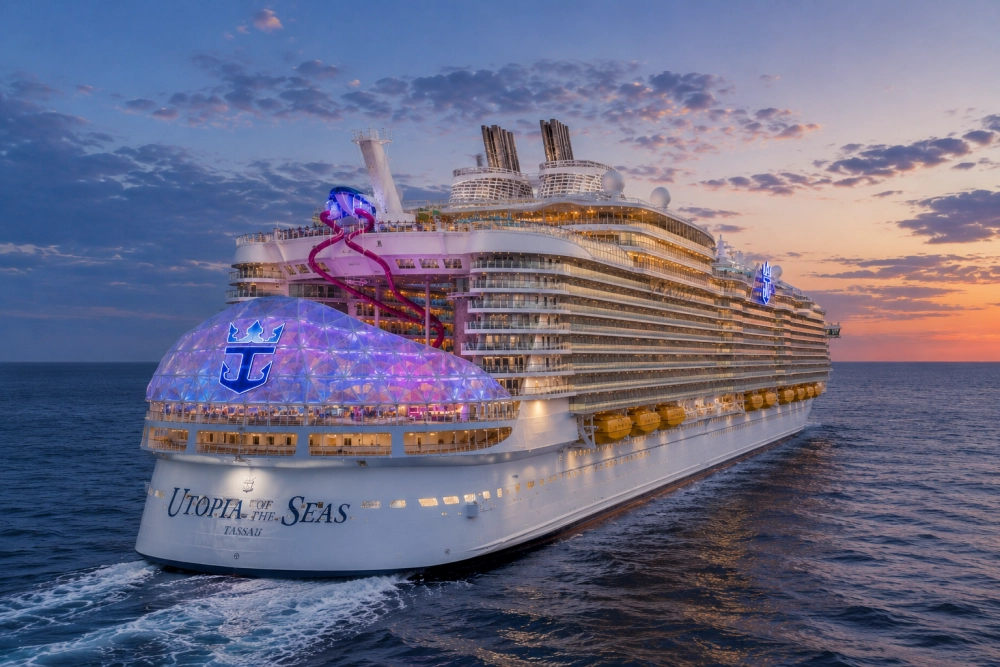 Gün batımının kızıl ve mor tonlarında gökyüzü altında, lacivert sular üzerinde görkemli bir şekilde ilerleyen Royal Caribbean'ın Utopia of the Seas ultra lüks cruise gemisi, güvertelerindeki parlayan ışıkları, neon pembe su kaydırakları ve arka kısmındaki Royal Caribbean logosuyla aydınlatılmış göz alıcı cam kubbesiyle unutulmaz bir cruise tatili vaat ediyor.