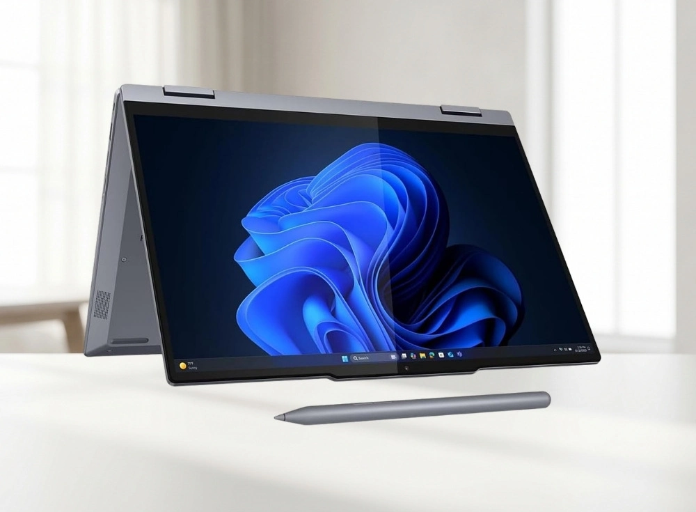 Gri renkli Lenovo ThinkBook 14 G5 2si1 arada ultrabook, Windows 11'in mavi tonlarındaki dalgalı duvar kağıdını gösteren dokunmatik ekranıyla, bir stand modunda beyaz bir masa üzerinde duruyor ve önünde aynı renkte bir dijital kalem bulunuyor.