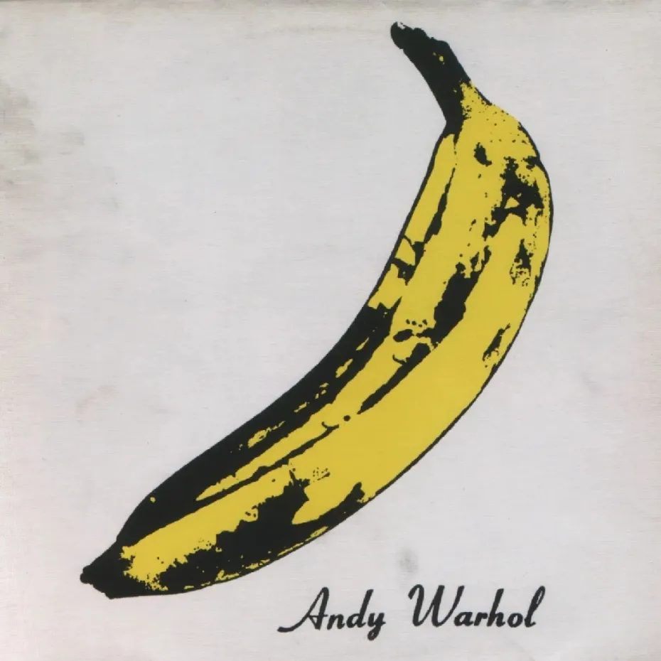 The Velvet Underground & Nico albüm kapağındaki beyaz fon üzerinde sarı muz illüstrasyonu.