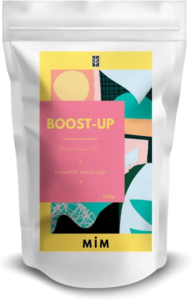 Zencefil içeriğiyle enerji veren MİM Boost-Up bitki çayı, modern tasarımlı 100 gr'lık ambalajında.