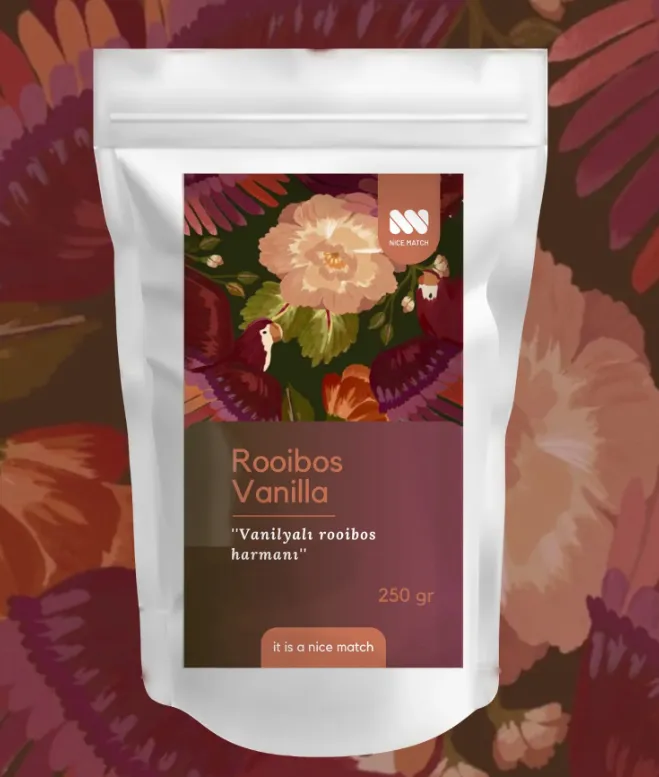 Vanilya aromalı rooibos çayı; floral tasarımlı 250 gr'lık paketinde yumuşak içim ve rahatlatıcı etki sunar.