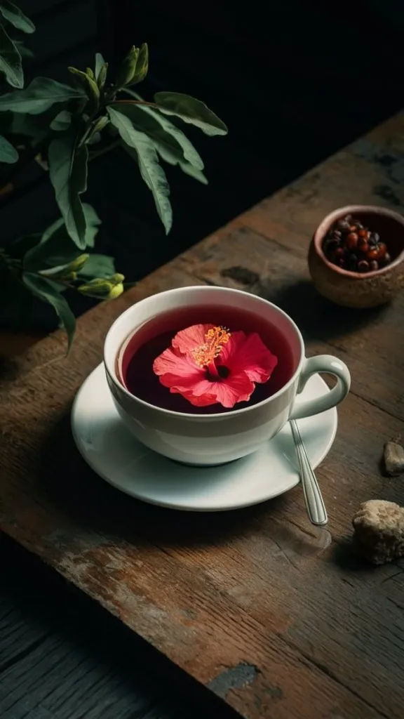 Canlı kırmızı rengi ve içinde yüzen hibiskus çiçeğiyle sıcak bir fincan bitki çayı.