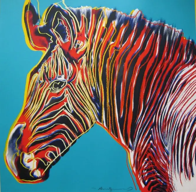 Grevy’s Zebra, 1983; mavi fon üzerinde kırmızı, sarı, siyah ve mavi çizgilerle stilize edilmiş zebra.
