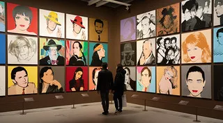 Renkli serigrafi portrelerinin yer aldığı galeriyi inceleyen iki ziyaretçi.