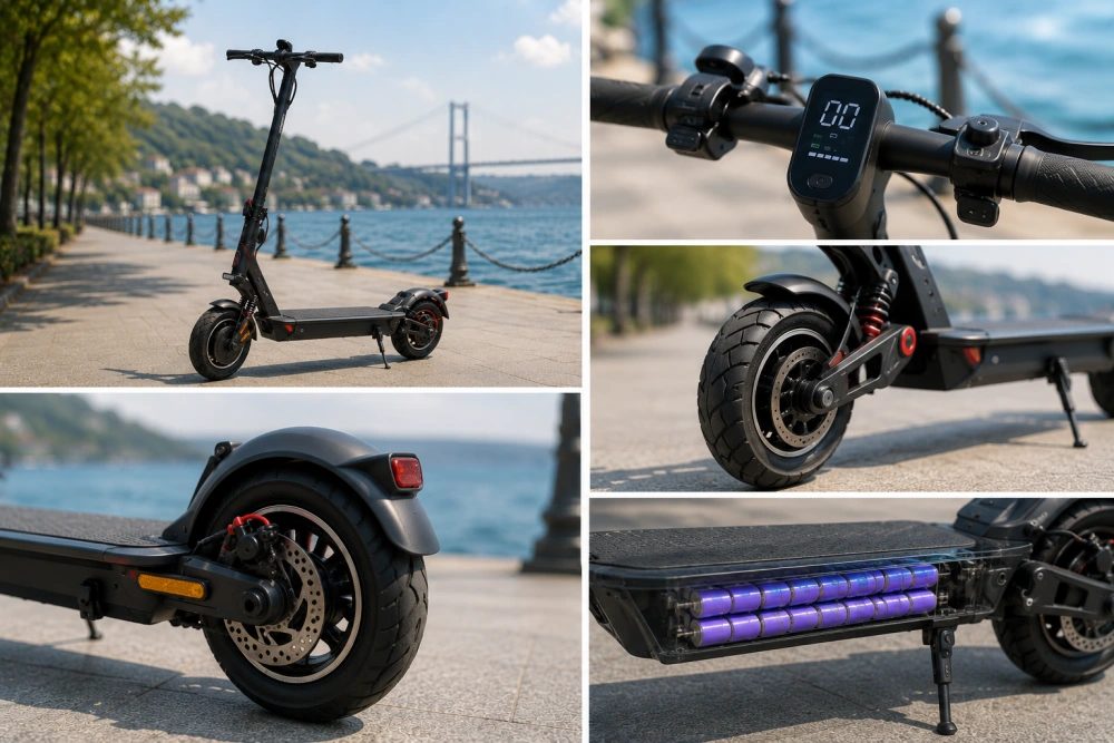 İstanbul Boğazı kıyısında duran siyah bir elektrikli scooter'ın teknik özelliklerini sergileyen bu görselde, gidonundaki dijital ekran, arka tekerlekteki disk freni ve süspansiyon, ayrıca gövdesindeki mor batarya hücreleri gibi detaylar vurgulanmaktadır.