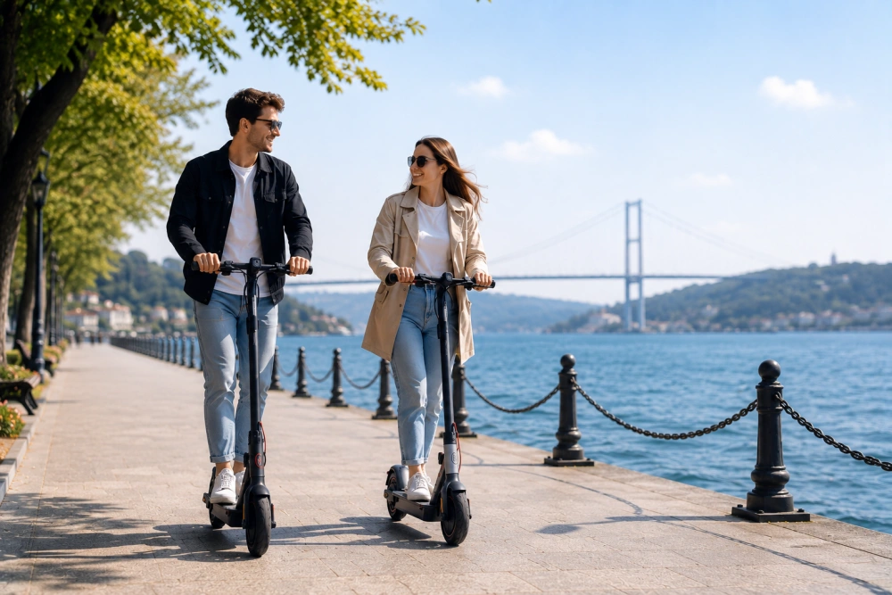 İstanbul sahilinde güneşli bir havada elektrikli scooter süren, arkalarında Boğaziçi Köprüsü'nün ve yeşil tepelerin uzandığı, birbirlerine gülümseyen neşeli bir çift, keyifli bir gezinti anı yaşıyor.