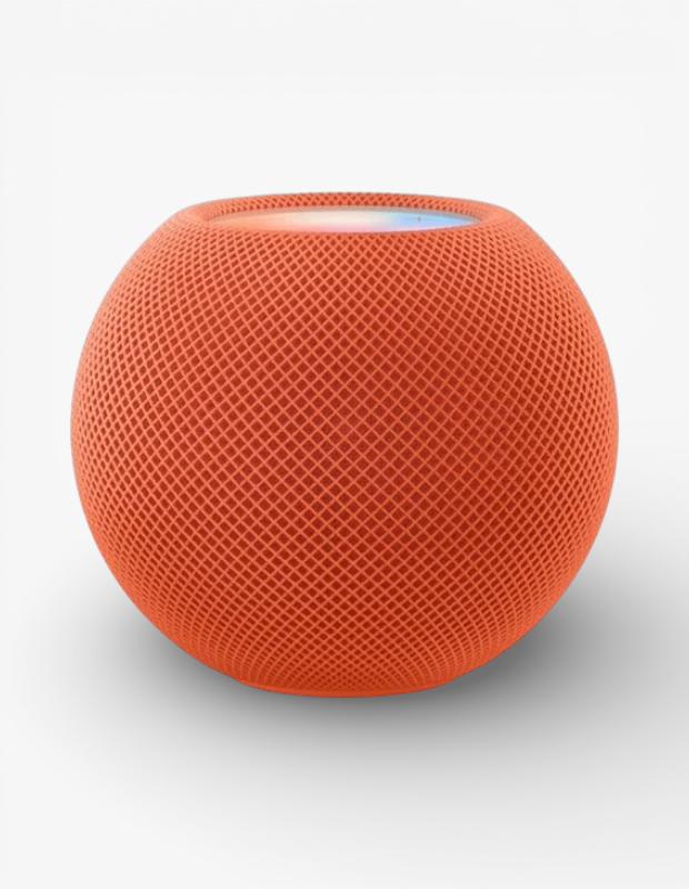 Sevgililer Günü için teknoloji sevenlere özel bir hediye alternatifi: Canlı turuncu renkte, küresel tasarımlı Apple HomePod mini. Ağ dokulu yüzeyi ve üstündeki renkli ışığıyla öne çıkıyor.