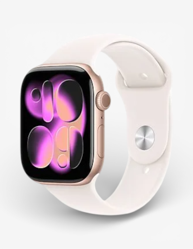 Pembe altın kasalı ve kırık beyaz spor kordonlu bir Apple Watch, ekranında mor ve pembe renklerde modern bir saat yüzü gösteriyor. Sevgililer Günü için şık bir hediye alternatifi.