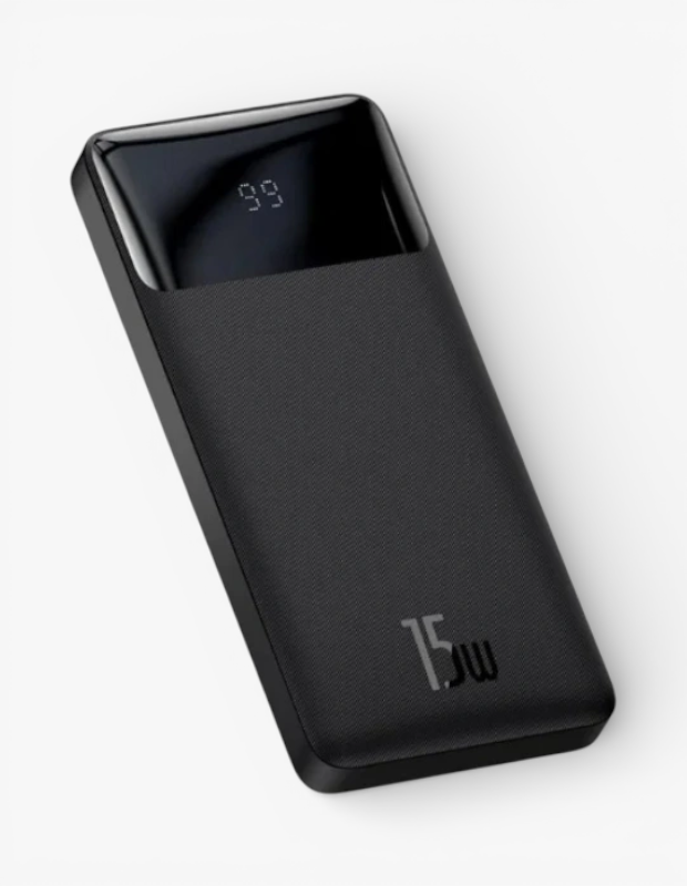 Sevgililer Günü hediye önerisi olan Baseus 15W powerbank. Siyah, dokulu gövdesi ve kalan şarjı olarak gösteren parlak dijital ekranı ile beyaz bir zeminde duruyor.