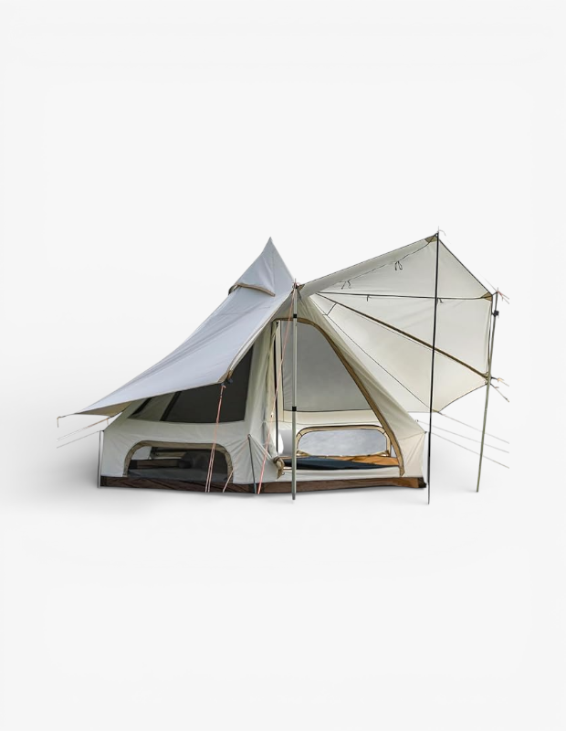 Doğa aşığı çiftler için Sevgililer Günü hediye alternatifi olan KingCamp marka glamping çadırı, büyük tentesi açık ve kurulmuş halde sergileniyor.