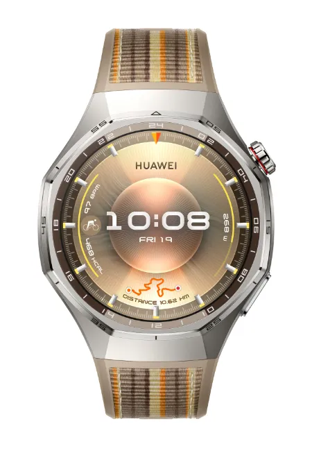 Titanyum kasaya ve kumaş kayışa sahip Huawei akıllı saat ön cepheden görünüm.