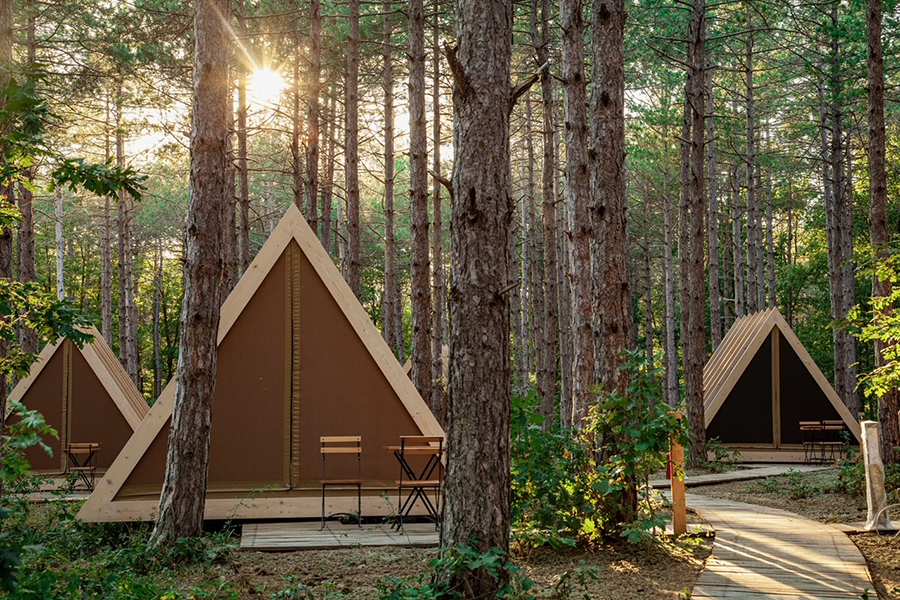 İğneada longoz ormanları içinde yer alan üçgen ahşap glamping çadırları ve orman manzarası
