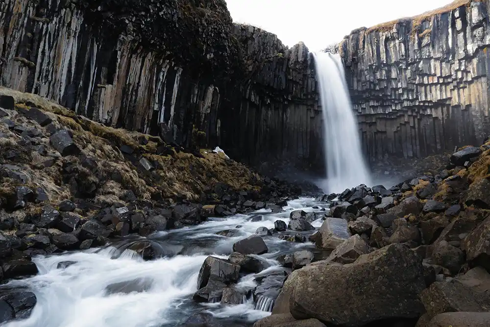 İzlanda’daki Svartifoss Şelalesi ve çevresindeki bazalt sütunlu kaya oluşumları.