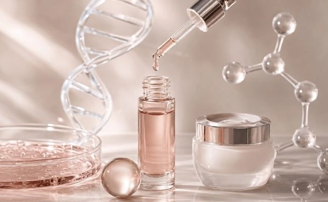 Pembe renkli bir serumun damlalıkla şişeye aktarıldığı, yanında petri kabında jel ve krem kavanozu bulunan bu kompozisyonda, arka plandaki DNA sarmalı ve molekül modeli kolajen içerikli ürünlerin bilimsel temeline vurgu yaparak cilt bakımı için önemi gösteriliyor.