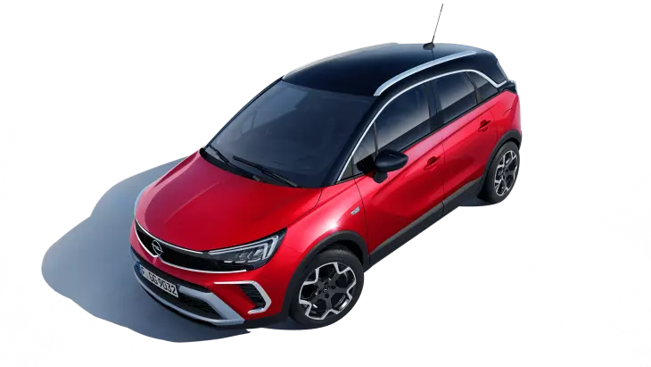 Siyah ve kırmızı renkte, çift renkli tavanı olan bir Opel Crossland model araba, yukarıdan çekilmiş bir açıyla sade bir fonun üzerinde duruyor.