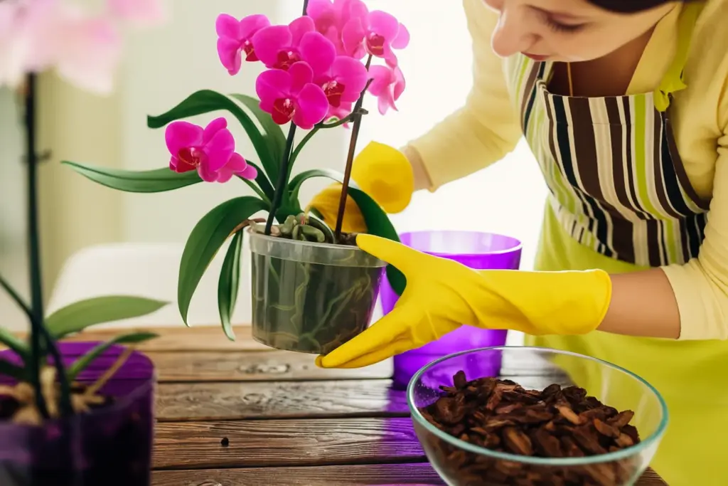 Şeffaf saksıya dikili pembe Phalaenopsis orkidelerini saksı değişimi sırasında dikkatle tutan eldivenli kadın; masada orkide kabuğu ve saksı malzemeleri.