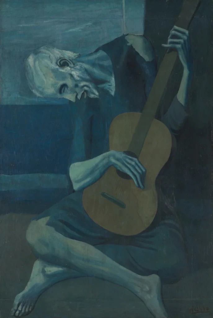 The Old Guitarist (1903-1904)
Kör bir gitarist, mavi tonların içinde yorgun ve yalnız. Müziğin, sanatın hayata tutunma gücünü temsil ediyor.
