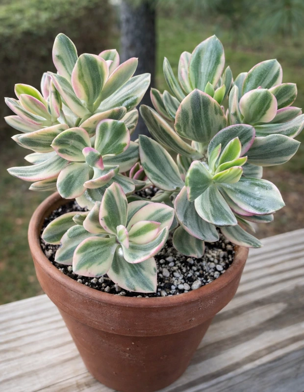 Toprağı beyaz taşlarla zenginleştirilmiş kahverengi saksıda, kalın, etli, yeşil, beyaz ve pembe çizgili yapraklara sahip bir Crassula ovata variegata, yani alacalı para çiçeği, ahşap bir yüzey üzerinde duruyor.