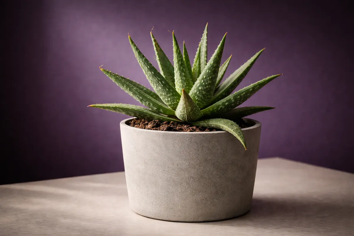 Güneş ışığı ve gölge oyunuyla mor arka planda saksıda aloe vera bitkisi, aloe vera bakımı kapak görseli