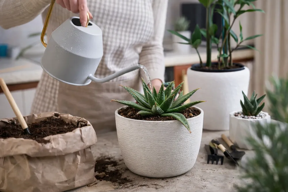 Evde aloe vera bakımı yapan kişi, beyaz saksıdaki aloe vera bitkisini sularken; masada toprak, bahçe aletleri ve doğal ışıkta iç mekân bitki bakımı sahnesi.