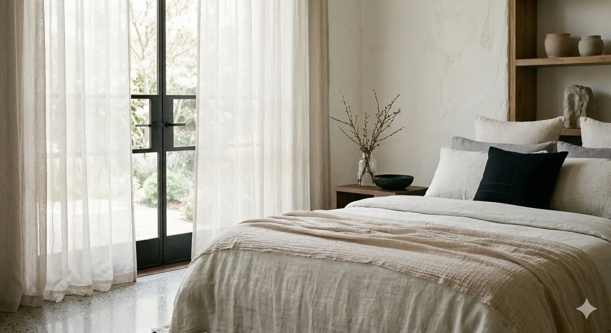 Doğal tonlarda minimalist yatak odasında pencere yanında vazoda dallarla hazırlanmış sade bahar dekorasyonu