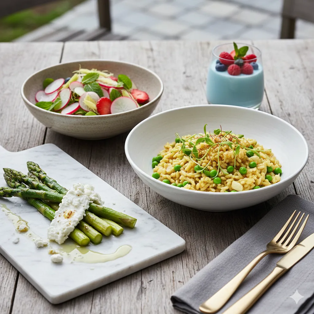 Ahşap masa üzerinde hafif ve sağlıklı bir bahar menüsü; bezelyeli risotto, turp ve çilekli yeşil salata, zeytinyağlı kuşkonmaz ve ricotta peyniri ile yanında meyveli mavi tonlu tatlı sunumu.