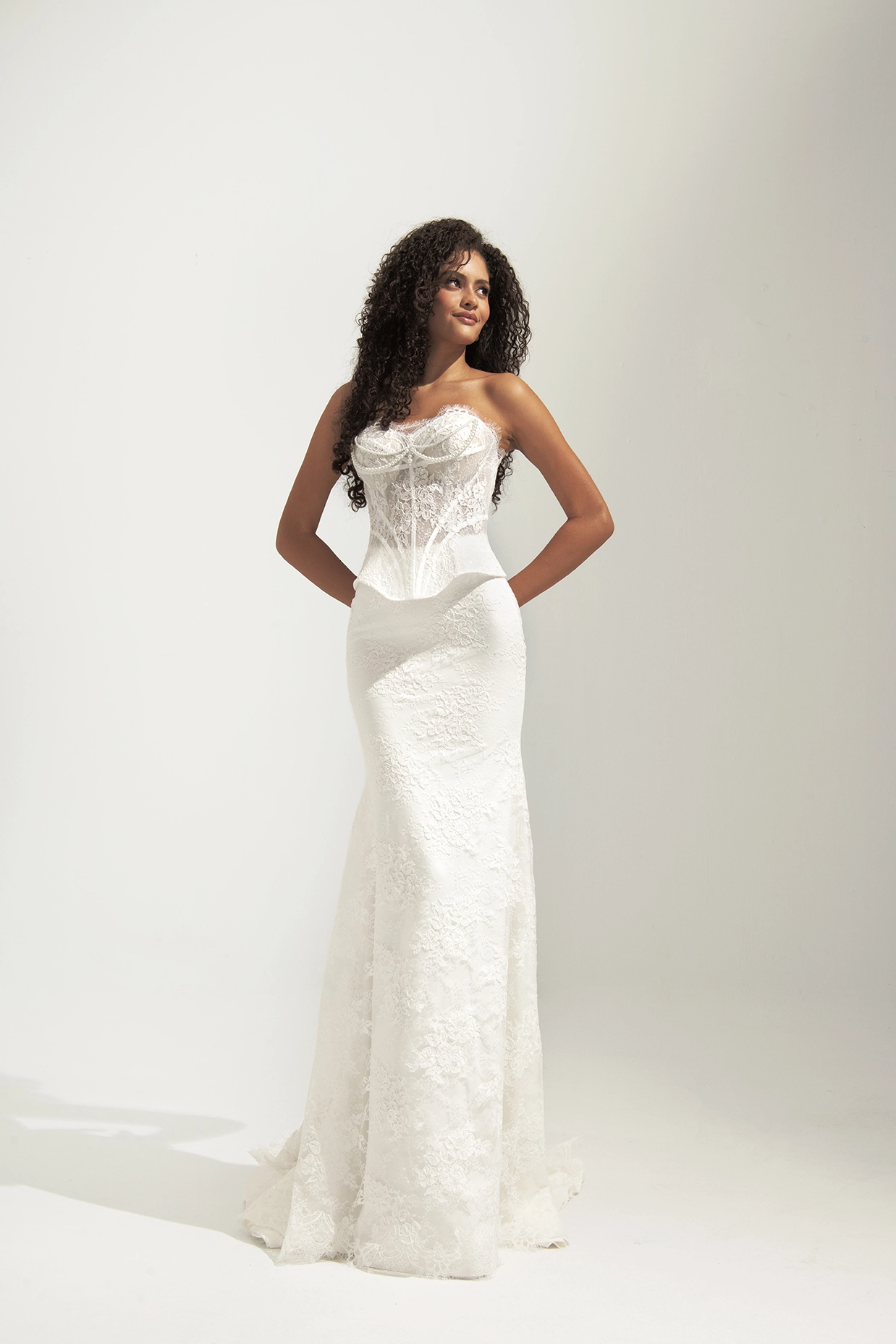 Dai Wedding straplez yaka, transparan dantelli korse büstiyerli ve inci detaylı balık model dantel gelinlik.